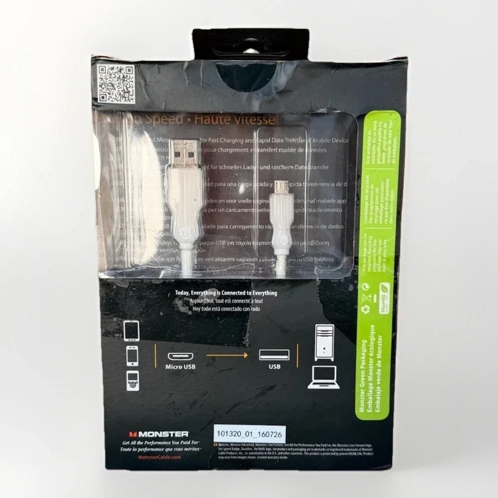 Pack of 2 Monster Micro USB Cables High Speed Fast Charge Flexible Durable White